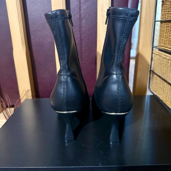 BCBG Classic Black Faux Leather Flare Kitten Heel God Detail Boots - Picture 3 of 5